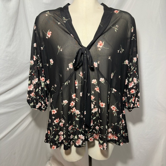 Siren Lily Tops - Siren Lily Plus 1X Sheer Floral Boho Top Black Feminine Romantic  Chiffon Blouse